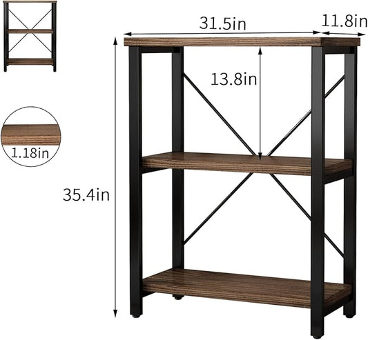 3 Tier Industrial Solid Wood Bookcases, Open Etagere Bookshelf with Metal Frame, Rustic Wood and Metal Shelving Storage Organizer for Living Room Book Shelves Furniture (AY01-3tier)