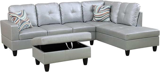 Couches for Living Room PU Leather L Shaped Couch Comfy 3 Pieces Sectional Sofa with Chaise, Ottoman with Storage for Office and Small Apartment, Silver