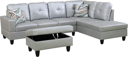 Couches for Living Room PU Leather L Shaped Couch Comfy 3 Pieces Sectional Sofa with Chaise, Ottoman with Storage for Office and Small Apartment, Silver