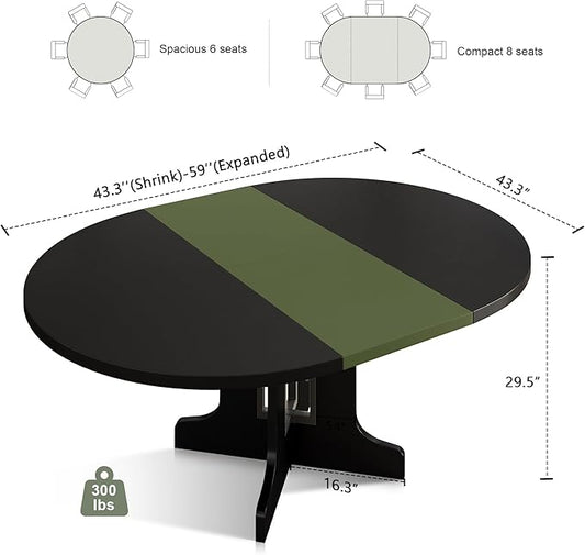 Feonase 59" Round Extendable Dining Room Table for 4-6, Modern Oval Kitchen Table with Heavy Duty Wood Base, Metal Frame Support, for Kitchen Dining Living Room, Easy Assembly, Black