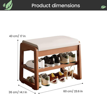 Solid Wood Shoe Rack, 2 Tier Shoe Storage Bench with Cushion Seat, 8 Pair Shoe Organizer for Entryway, Cherrywood, 32 Inch