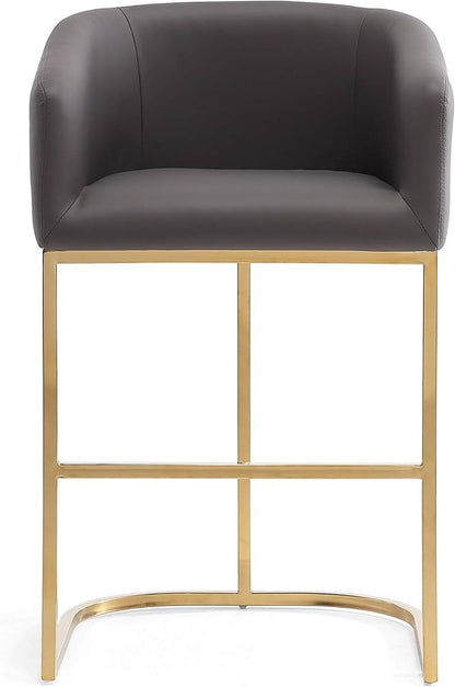 Manhattan Comfort Louvre 26 Inch Mid Century Modern Counter Height Bar Stools - Elegant Faux Leather Padded Seat, Stainless Steel Base with Footrest, Fully Assembled Barstools, Set of 2, Grey
