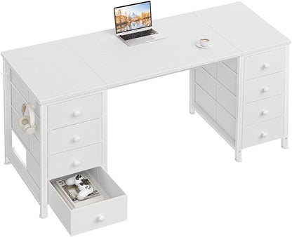 White Computer Desk with Drawers on Both Sides for Home Office, 55 inch Girls Teens Desks with Storage Writing Study Table for Bedroom, Makeup Vanity Desks Without Mirror,8 Fabric Drawer