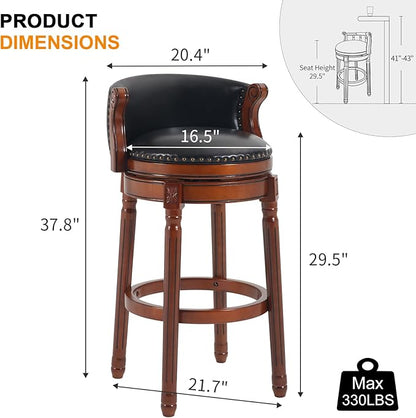 Cow top Leather Wooden Bar Stools, 29.5" Bar Height Bar Chair with Back, 180 Degrees Swivel Barstools Chair for Home Kitchen Counter,Dining Room (Black-2pcs, Bar Height-Seat Height 29.5”)