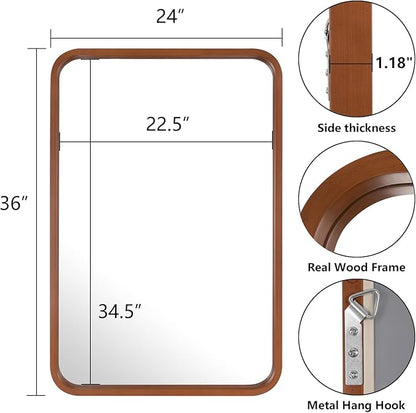 WallBeyond 24x36 Inch Wood Mirror for Bathroom, Wooden Frame Wall Mirror Farmhouse Wall Mounted Rectangle Mirror for Vanity (Horizontal/Vertical Walnut Color)