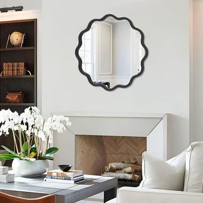 PROHOMEWARE Black Round Mirror 20 Inch Wavy Bathroom Vanity Mirror Black Frame Modern Wall Mirror Decorative Wall-Mounte Anti-Rust, Tempered Glass