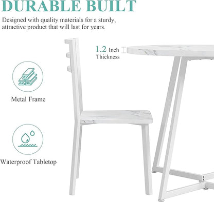 VECELO Small Round Dining Table Set for 2, Wood Tabletop with Strong Metal Frame, Modern Dinette with Chairs for Kitchen, Breakfast Nook Living Room, Faux Marbled & White