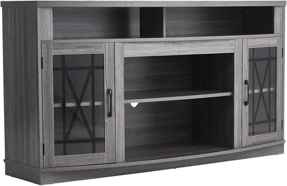 VEVOR TV Stand for TVs up to 65 inch, Farmhouse Entertainment Center with Light Strip, Wooden TV Cabinet Storage with Glass Doors and Adjustable Shelves, Console Table for Living Room, Bedroom, Gray