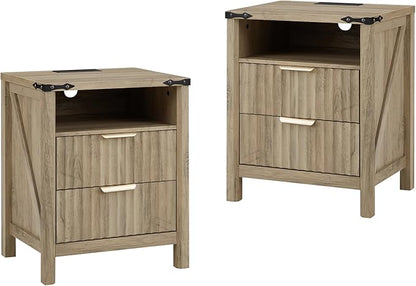 Fluted Nightstand with Charging Station Set of 2-20 Inch Wide Farmhouse Bedside Table with 2 Drawers, Modern Wood End Side Table for Bedroom Study Storage Sunwashed Ash Oak