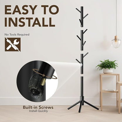 Wooden Tree Coat Rack Stand,Sturdy Freestanding Coat Rack with 8 Hooks,3 Adjustable Height for Child Adult,Wood Coat Stand Tree Fits Entryway Bedroom Office for Bags,Hats, 2 Pack