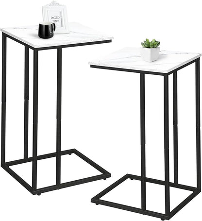 C Shaped Side Table Set of 2, Marble End Table for Sofa and Bed, Couch Table That Slide Under, Snack Side Table for Living Room, Bedroom or Small Spaces, White and Black