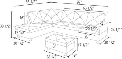 97" L Shaped Sectional Couch, Modern 4 Seat Modular Sectional Sofa with Storage Ottoman, Living Room Sets for Small Spaces, Apartment, Linen, Blue