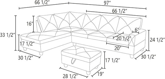 97" L Shaped Sectional Couch, Modern 4 Seat Modular Sectional Sofa with Storage Ottoman, Living Room Sets for Small Spaces, Apartment, Linen, Blue