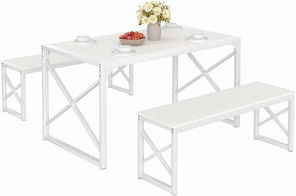 VECELO Kitchen Dining Table Set for 4, 55" Wood Rectangle Dinette with 2 Benches, Heavy-Duty Metal Frame for Small Space, Breakfast Nook, White