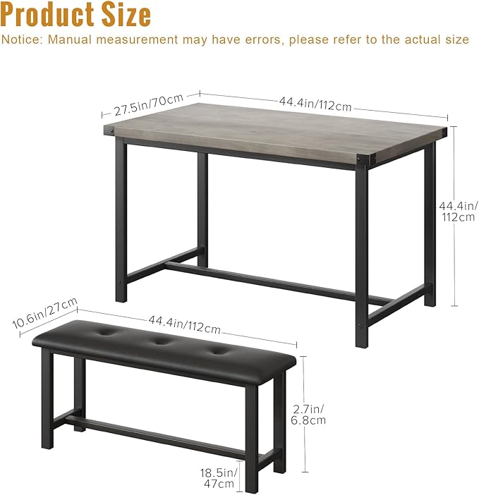 3 PSC Dining Table Set with 2 Upholstered Benches and 1 Table for 4, 44" Small Space Breakfast Nook Set, Kitchen Table with Tufted Upholstered Seats, Rustic Wood & Metal Frame, Easy Assembly