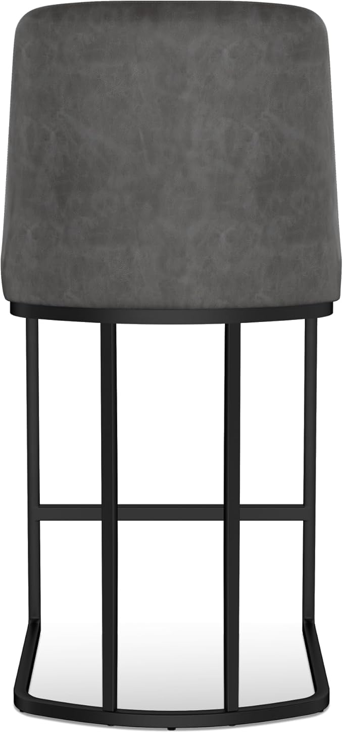 Counter Height Bar Stools Set of 2, Upholstered Leather Barrel Barstools with Back and Metal Legs for Kitchen Island, 27.4" Seat Height, Fabric in Faux Leather, Rustic Grey