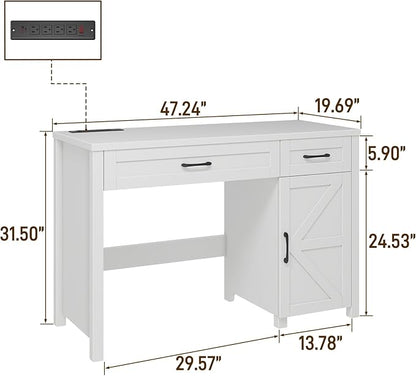 Farmhouse 47" Executive Desk, Computer Desk with Drawers and Storage Cabinet, Workstation Computer Desk for Home Office, Study.(Cream White)