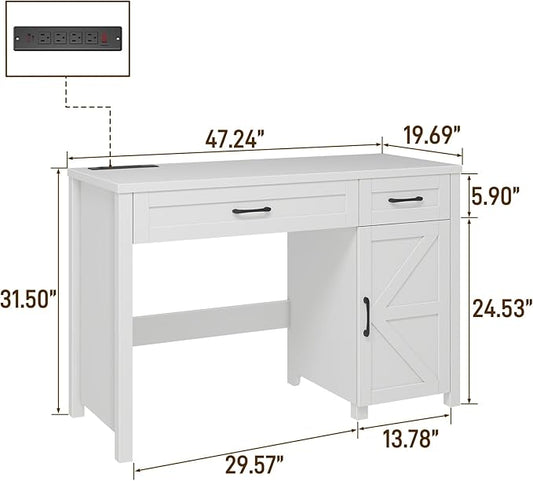 Farmhouse 47" Executive Desk, Computer Desk with Drawers and Storage Cabinet, Workstation Computer Desk for Home Office, Study.(Cream White)
