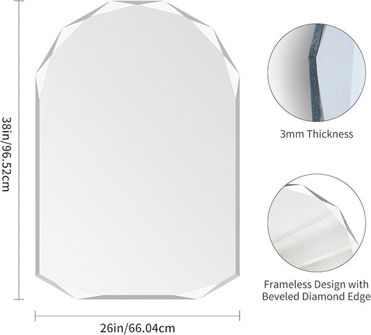KOCUUY 26"x38" Frameless Mirror, Arched Shape with Diamond-Shaped Beveled Edge,Unframed Decorative with Upgraded Shatterproof Glass,Unique Frameless Mirror for Bathroom,Living Room,Bedroom