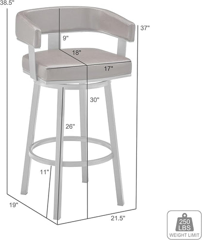 Armen Living Lorin Modern 30" Seat Height White Faux Leather and Brushed Stainless Steel Metal Swivel Bar Stool for Kitchen Island Counter