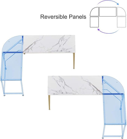 Teraves Reversible L Shaped Desk White - 66.1" Corner Gaming Computer Desk, Office Workstation Modern Home Study Writing Table, Marble Gold