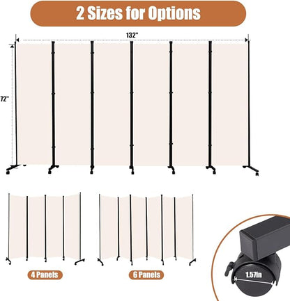 Room Divider Portable 132'' Partition Room Dividers and Folding Privacy Screens 6 Panel Wall Divider for Room Separation, Freestanding Fabric Room Divider Panel with Wheels for Home Office Hospital