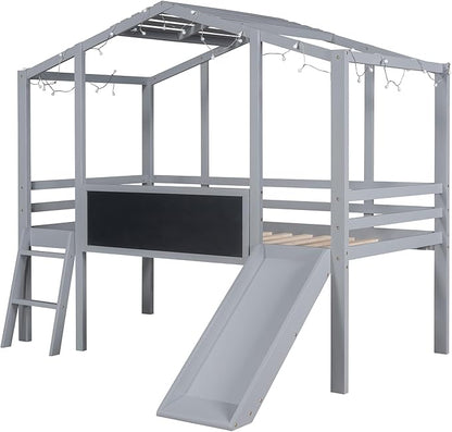 Ball & Cast Twin Size House Loft Bed with Ladder and Slide,Wood Bunkbed w/Blackboard and Light Strip on The Roof,Slat Support,Space Saving,Bedroom Furniture for Student Dorms,Gray