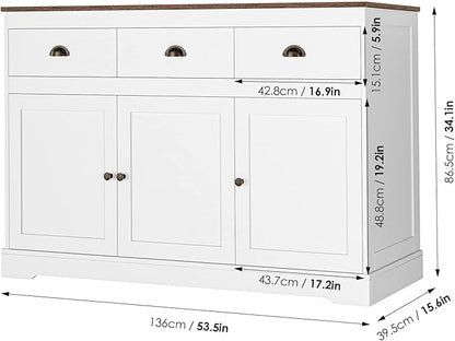 Keyluv White Buffet Cabinet Storage Sideboard Farmhouse Server Bar Wine Cabinet with 3 Drawers & 3 Doors Adjustable Shelves Console Table for Dining Living Room Kitchen Cupboard