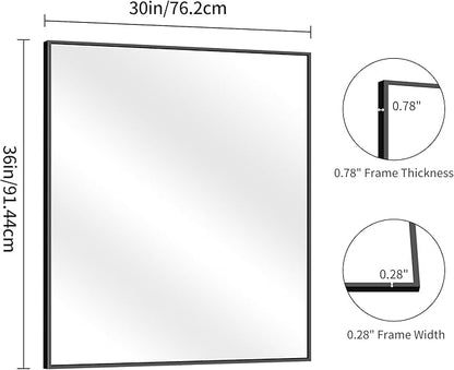 YIROMAN Bathroom Mirror 30"x36", Matte Black Bathroom Mirror for Over Sink with Aluminum Frame, Rectangular Vanity Mirror with Right Angle, Wall Mirror Hangs Horizontal or Vertical, Shatterproof