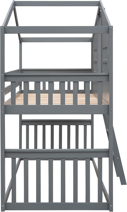 Ball & Cast Twin Over Twin Size House Bunk with Ladder and Window,Wood Bunkbed w/Full-Length Guard Rail & Ladder,Slat Support,Space Saving,Bedroom Furniture for Student Dorms,Gray