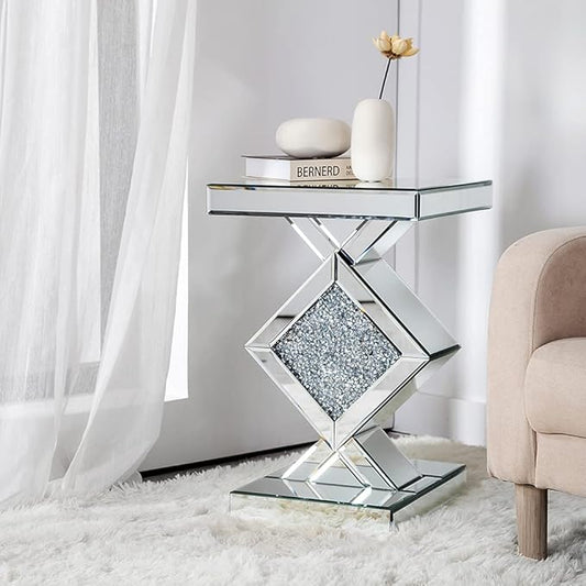 SHYFOY Mirrored End Table, Mirror Accent Side Table with Crushed Crystal Diamond, Finished Small Coffee Table, Glass Bedside Lamp Table, Silver Modern Style Decor for Living Room, Balcony, Bedroom