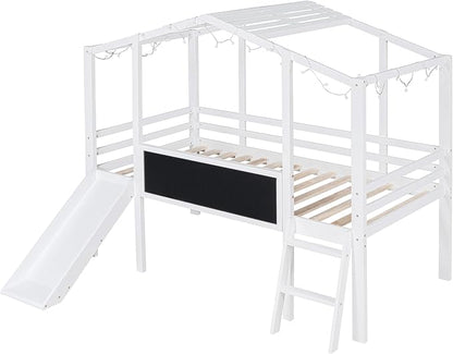 Ball & Cast Twin Size House Loft Bed with Ladder and Slide,Wood Bunkbed w/Blackboard and Light Strip on The Roof,Slat Support,Space Saving,Bedroom Furniture for Student Dorms,White