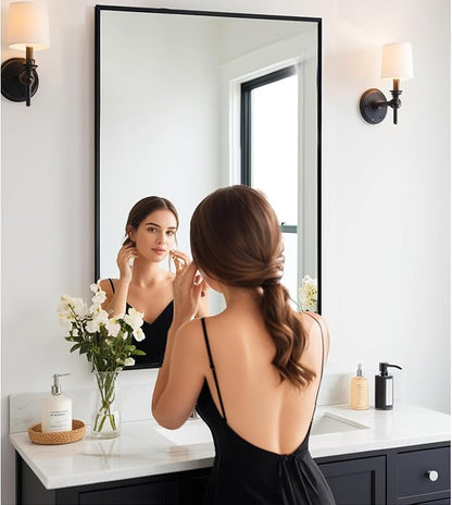 Modern 26"L x 40"W Black Wall Mounted Mirror, Rectangular, Framed, Thickened Stainless Steel Frame, Bathroom Use, Grooming, Home Decor