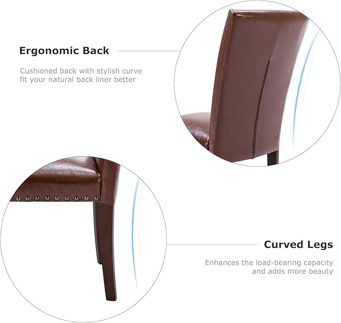 COLAMY Upholstered Parsons Dining Chairs Set of 4, PU Leather Dining Room Kitchen Side Chair with Nailhead Trim and Wood Legs - Light Brown
