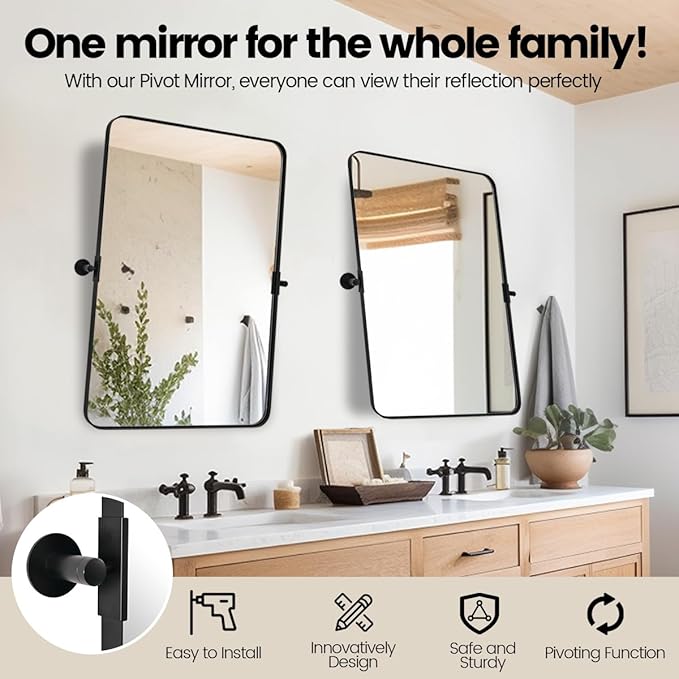 MOON MIRROR Matte Black Pivot Mirror Bathroom, Bathroom Tilt Rounded Rectangular for Vanity, Overall 32.33 x 36 in (Mirror 28x36 in)