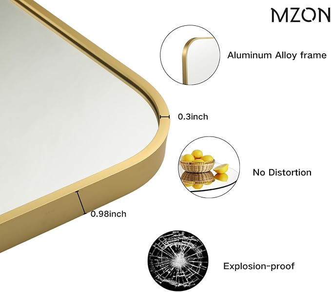 MZON 20x30 Inch Brushed Gold Vanity Mirror, Rectangle Bathroom Mirrors for Over Sink, Anti-Rust Frame & Tempered Glass, Hangs Horizontally/Vertically - Ideal for Small Bathroom or Powder Room