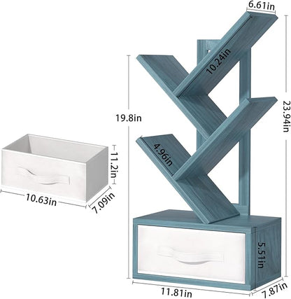 Small Book Shelf with Drawer,4 Tier Black Tree Bookshelf,Blue Desktop Bookcase,Modern Desk Display Storage Bookshelves,Floor Standing Organizer Bookcases for Living Room,Bedroom,Office