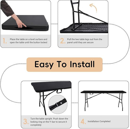 Folding Table 6FT HDPE 6 Foot Foldable Table Portable Banquet Surface Fold-in-Half Desk Utility for Working Meeting Parties, Picnic, Camping, Weddings, Catering, Garden Dining-Black