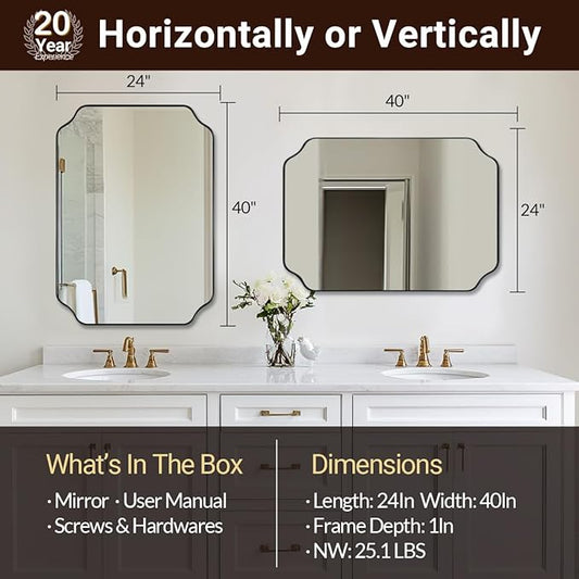 ANDY STAR Matte Black Mirror 24x40 Inch, Scalloped Mirror for Bathroom, Unique Rectangular Bathroom Mirror in Premium Stainless Steel Metal Frame 1’’ Deep, Hangs Vertically/Horizontally