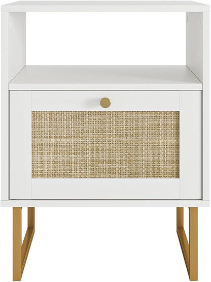 Rattan Nightstand, Boho Night Stand Farmhouse Wood Bedside Table with Storage and Open Shelf, End Side Accent Table for Bedroom,Living Room,White
