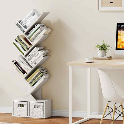 Vagusicc Tree Bookshelf, 6 Tier Bookshelf with Storage, Tall Narrow Bookcase, Rustic Wood Book Storage Rack for CDs/Books, Small Book Organizer Shelves for Bedroom, Living Room, Home Office, White