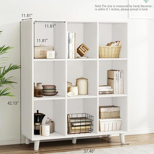 IOTXY Open Cube Low Bookcase - 3-Tier Freestanding Storage Display Cabinet Organizer with Legs for Home Office, 9-Cubes Open Shelf Short Bookshelf, White