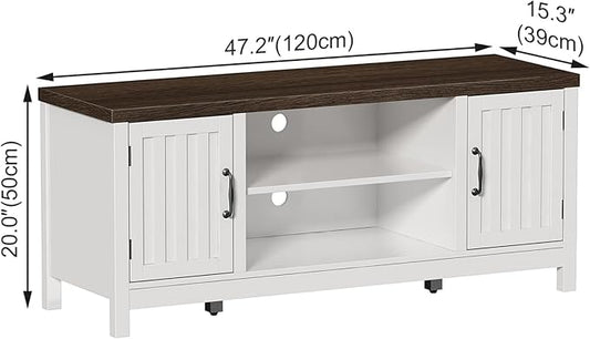ChooChoo Farmhouse TV Stand, Wood Fluted Door Entertainment Center with Storage Cabinets and Open Shelves, Rustic Media Console up to 55 inches for Living Room, Bedroom, White