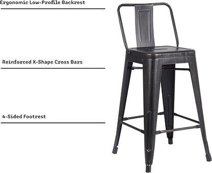 AC Pacific 24” Metal Barstool Set of 4 – Country Rustic Style with Low Back, Lightweight & Sturdy Build, Easy Assembly – Distressed Black
