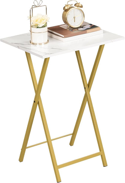 HOOBRO Folding TV Tray Tables, Set of 4 TV Trays with Storage Rack, Industrial Side Table for Eating at Couch, Foldable Snack Table for Small Space, Easy Assembly, Marble and Gold DM50BZ01