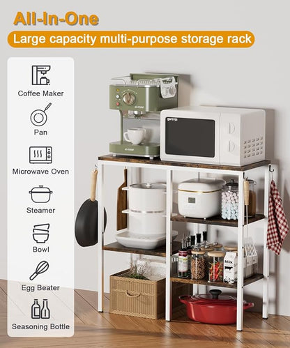Artibear 4-Tier Kitchen Microwave Oven Stand, Adjustable Coffee Bar Station for Small Appliance, Baker's Rack with 4 Hooks & 5 Storage Shelves, Utility Rack for Kitchen, Living Room, Office, White