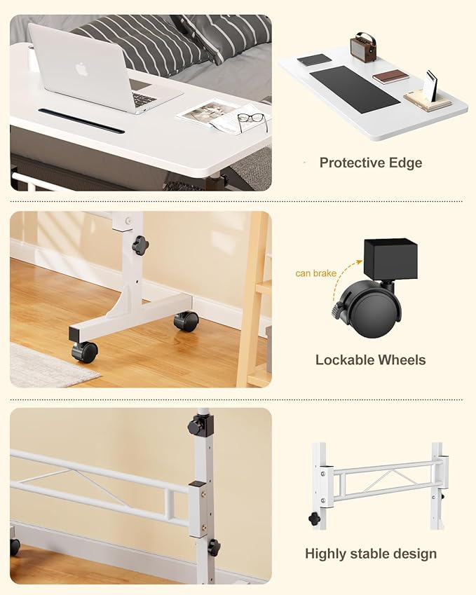 Small Standing Desk Adjustable Height, Mobile Stand Up Desk with Wheels, 32 Inch Portable Rolling Desks Computer Office Workstations for Walking Pad Treadmill White