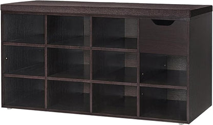 DINZI LVJ Shoe Bench, Entryway Storage Bench with Drawer and 11 Cubbies, Cubby Shoe Rack with Adjustable Shelves, Shoe Organizer Cabinet for Living Room, Bedroom, Mudroom, Closet and Garage, Espresso