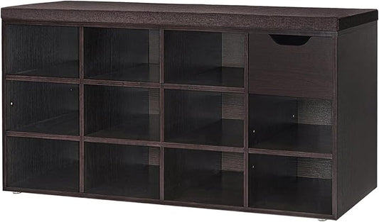 DINZI LVJ Shoe Bench, Entryway Storage Bench with Drawer and 11 Cubbies, Cubby Shoe Rack with Adjustable Shelves, Shoe Organizer Cabinet for Living Room, Bedroom, Mudroom, Closet and Garage, Espresso