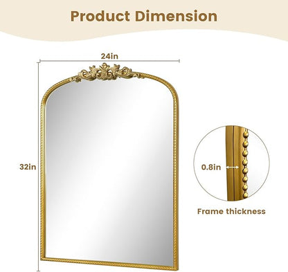 WallBeyond Gold Vintage Mirror - 24x32 Inch, Arched Antique Mirror with Ornate Frame for Bathroom, Living Room, Fireplace, Entryway
